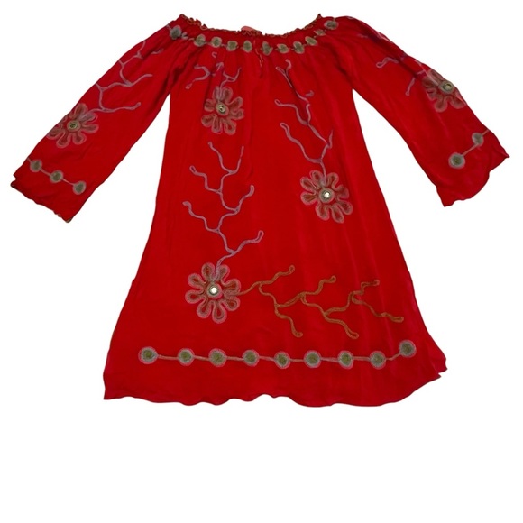 Poupette St Barth Off The Shoulder embroidered whimsical daisy flower M Red - Picture 4 of 16